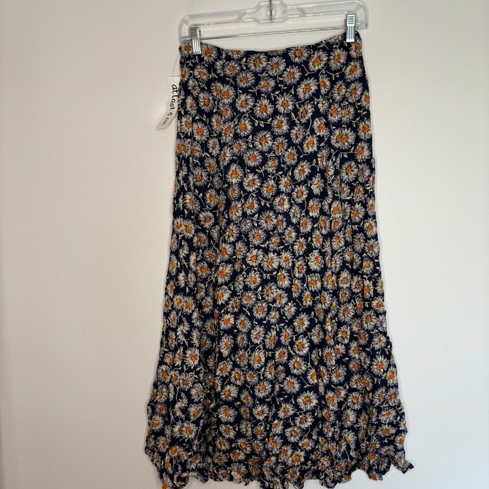 AT LAST & CO NEW VTG Floral Button Skirt Womens M Navy Daisy Floral